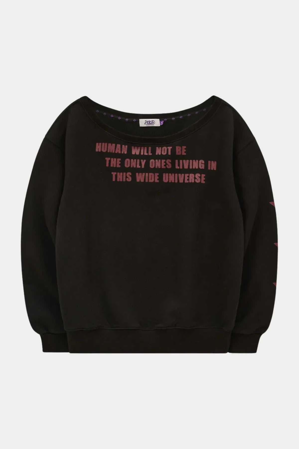 Black off-shoulder sweatshirt with red text and star graphics on sleeves