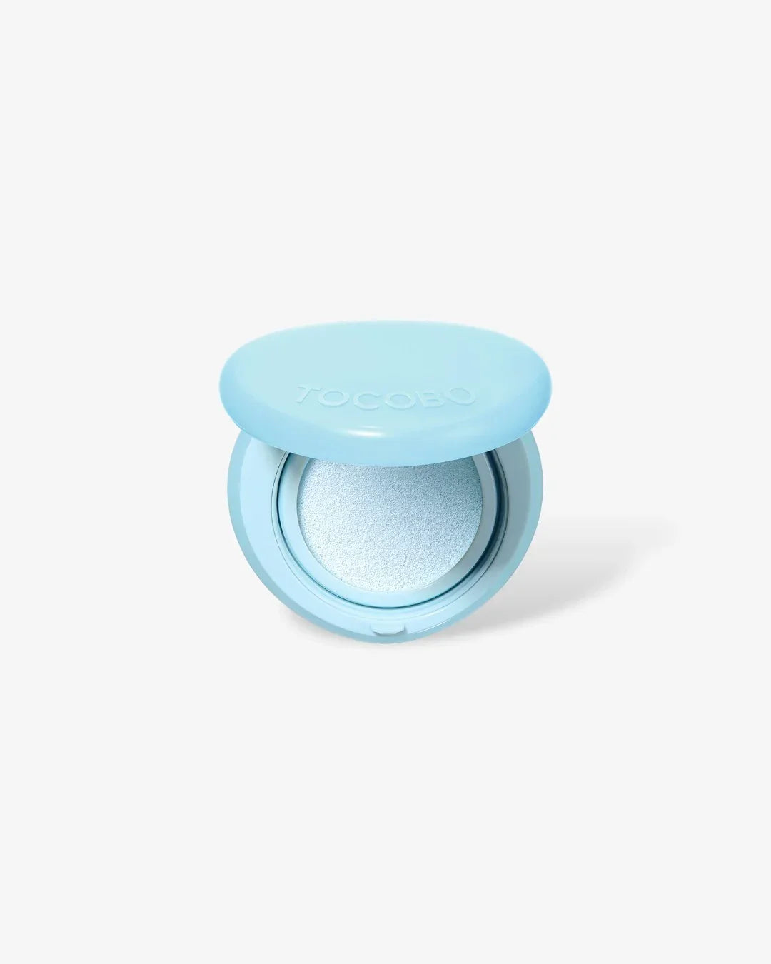 Open light blue TOCOBO cushion compact with white cushion makeup inside on white background