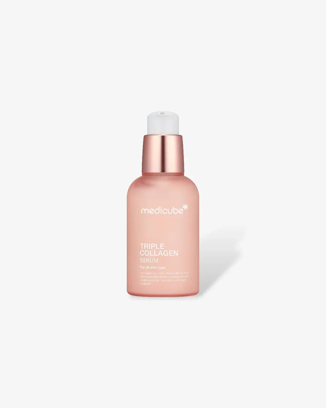 Medicube Triple Collagen Serum bottle with rose gold pump on white background