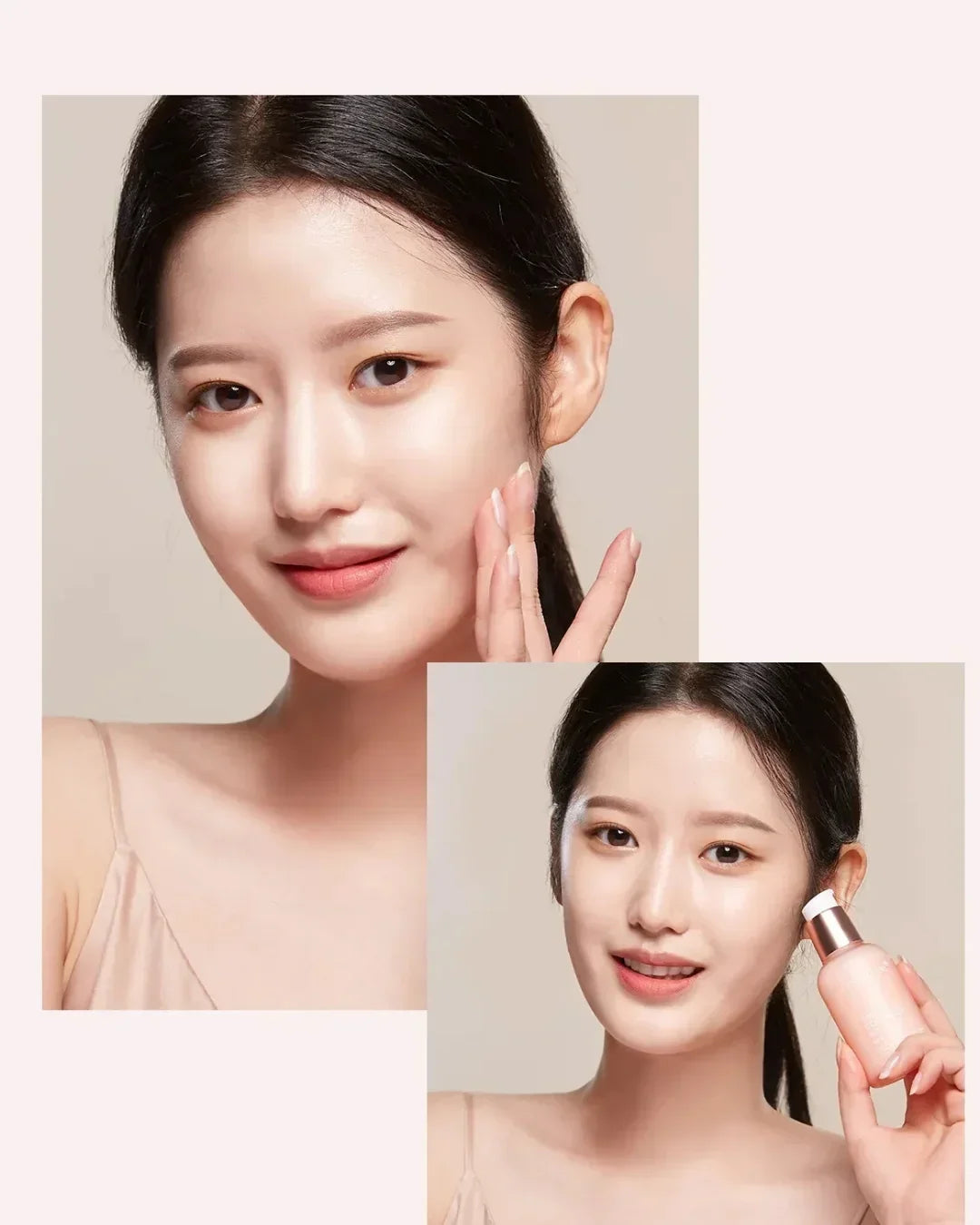 Young woman with clear skin applying and holding triple collagen serum bottle in skincare beauty portrait