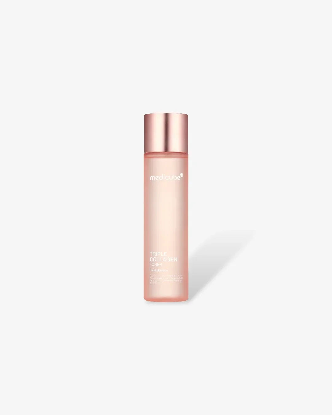 Medicube Triple Collagen Toner bottle with rose gold cap on white background
