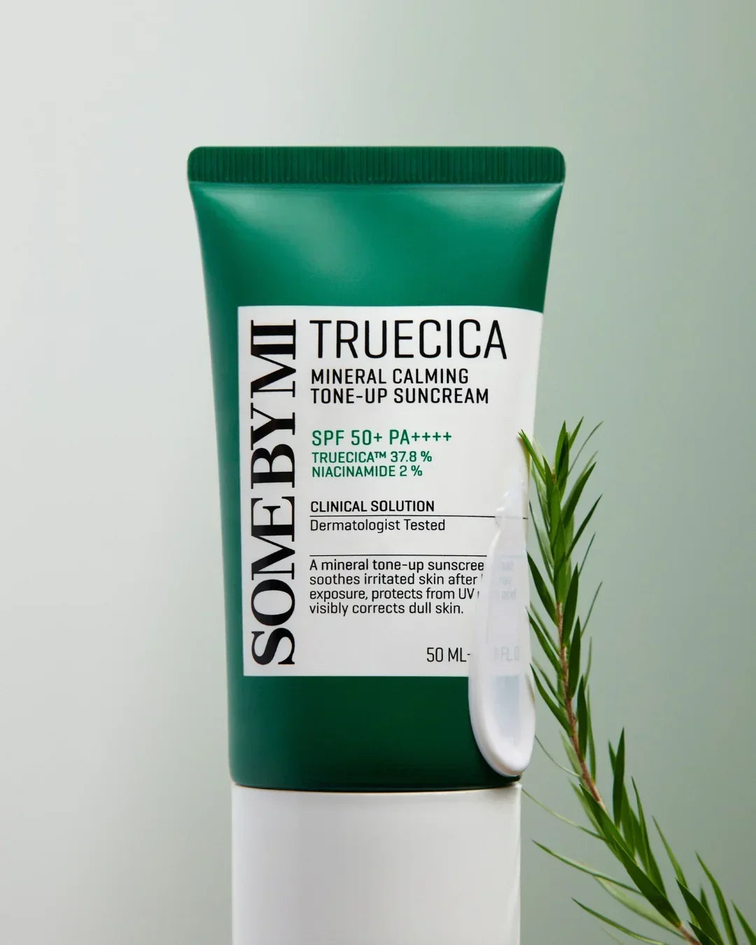 Some By Mi Truecica Mineral Calming Tone-Up Suncream SPF 50+ PA++++ with green leaf