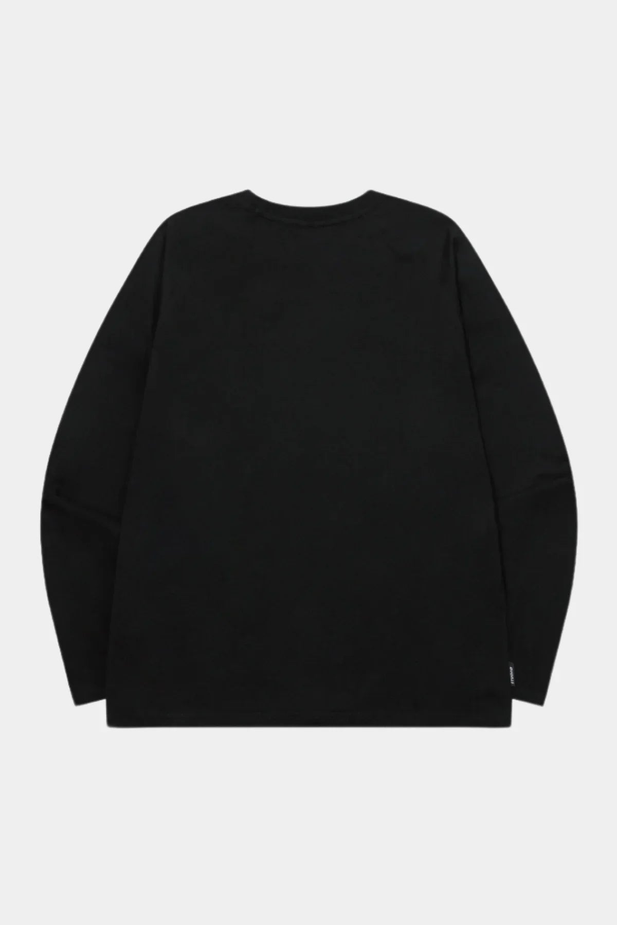 Black long sleeve raglan shirt laid flat showing back view with plain design
