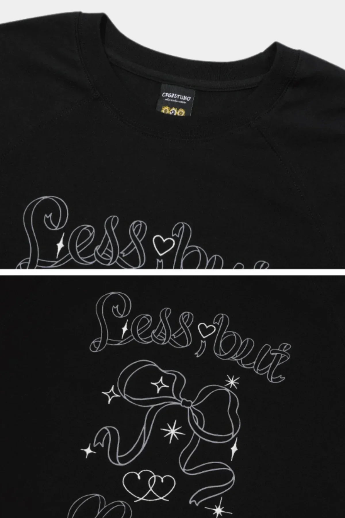 Black raglan long sleeve shirt with white stylish cursive text and bow graphic design