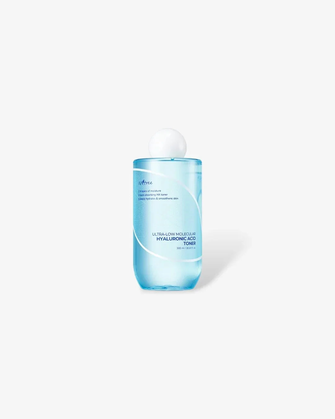 Isntree Ultra-Low Molecular Hyaluronic Acid Toner 300ml blue bottle with white cap on white background