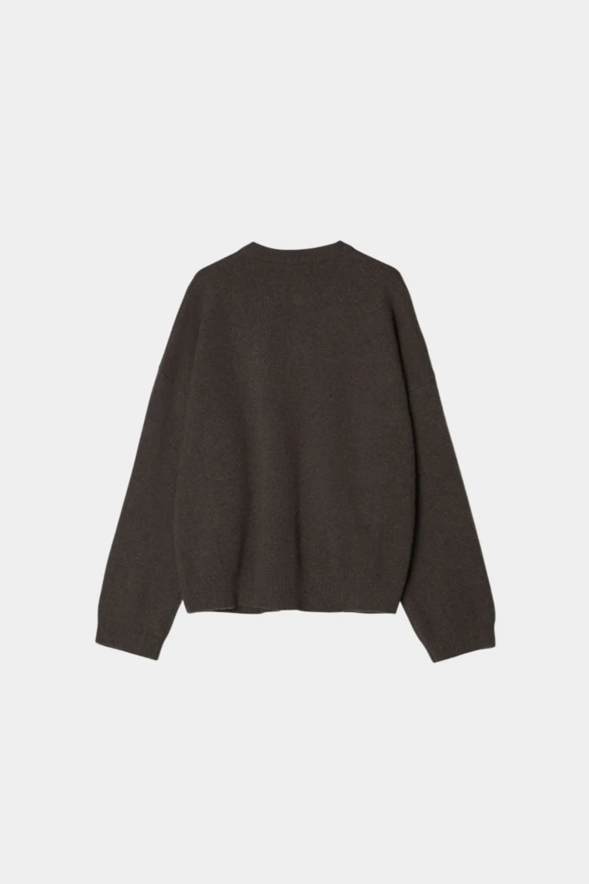 brown unisex cashmere cardigan laid flat showing the back with long sleeves