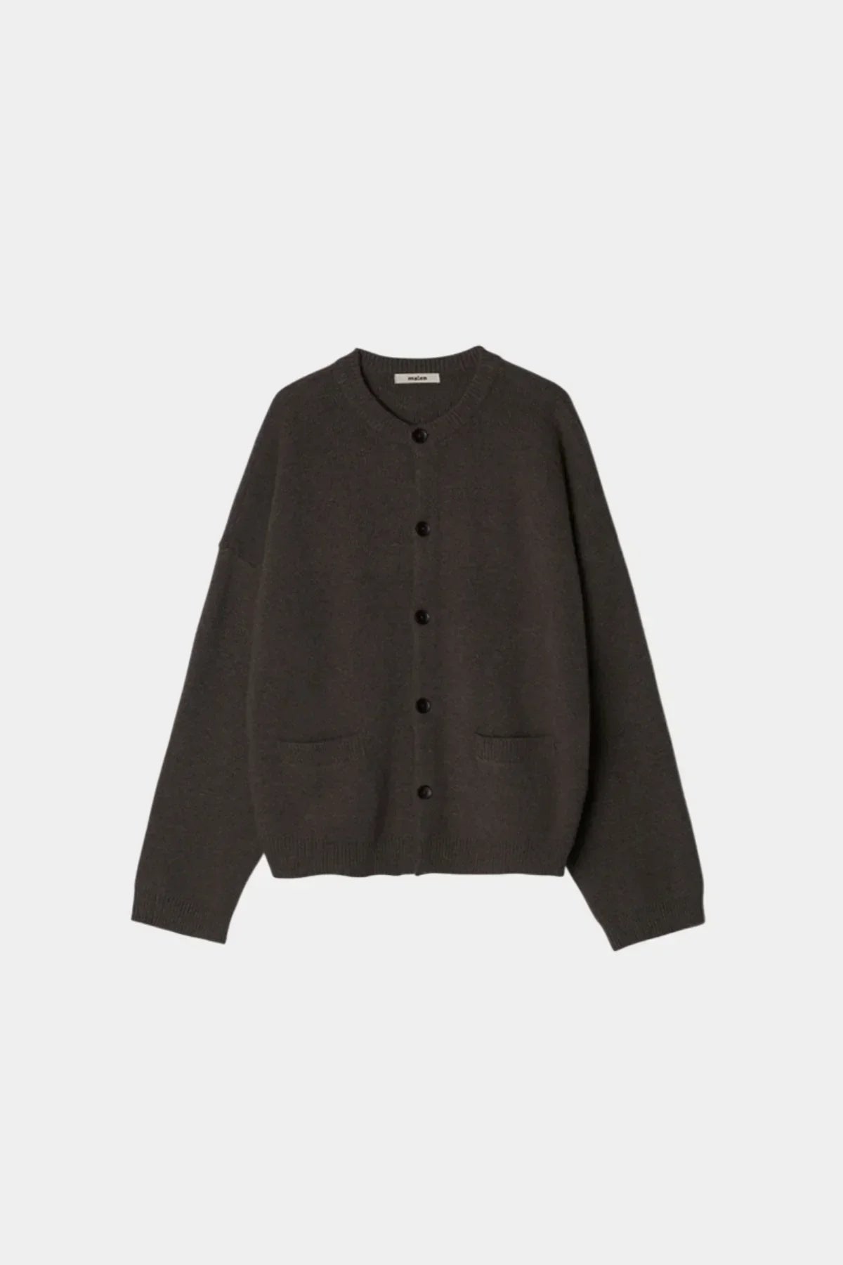 Dark gray unisex cashmere cardigan with black buttons and front pockets on white background