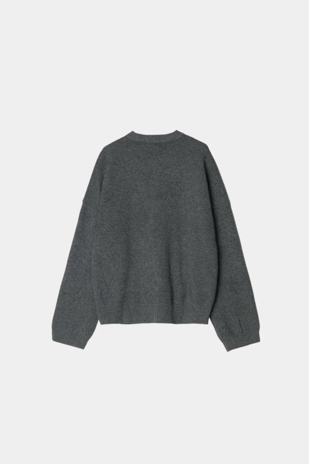 Back view of unisex gray cashmere cardigan with long sleeves and ribbed cuffs
