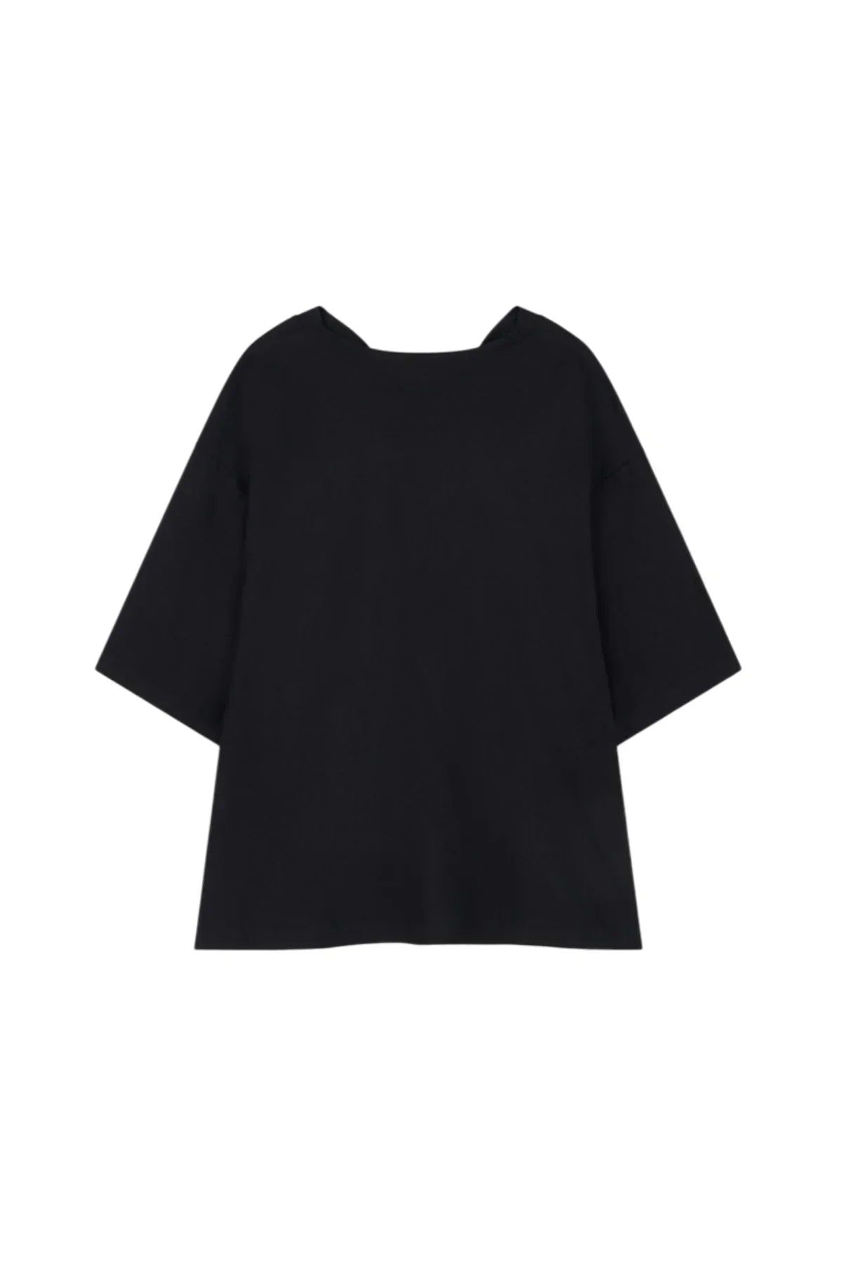 Black unisex cowl neck t-shirt with short sleeves on white background