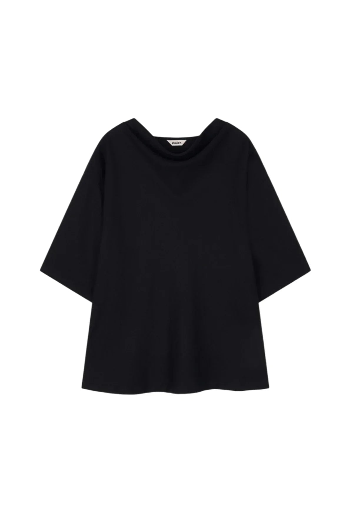 Black unisex cowl neck t-shirt with short sleeves on white background