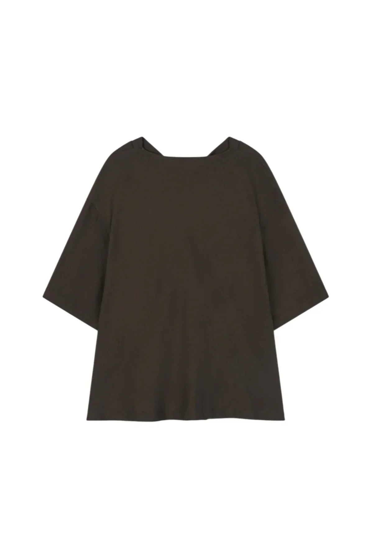 Brown unisex cowl neck t-shirt with elbow-length sleeves, back view on white background