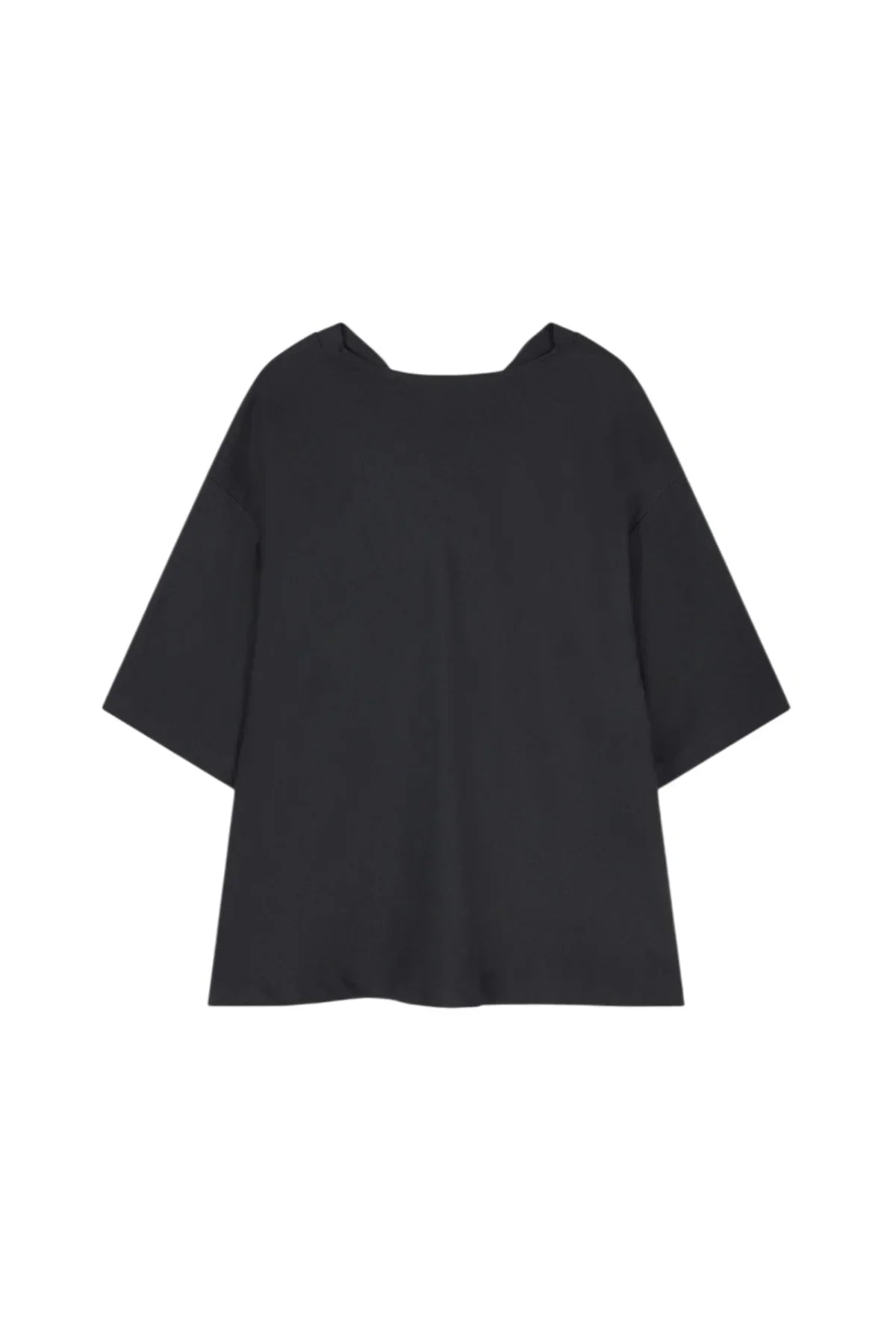 Black oversized t-shirt with half sleeves and a wide neck on white background