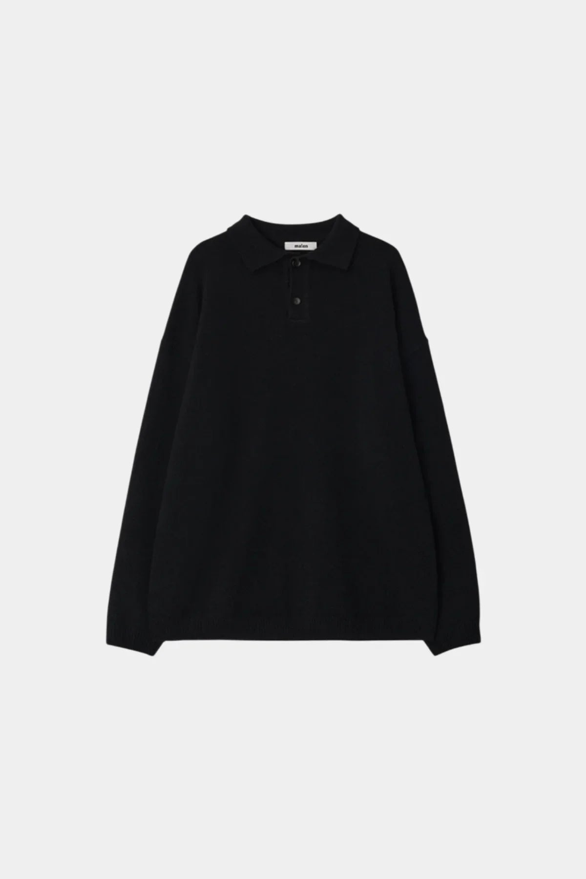 Black unisex knit Henley neck shirt with long sleeves and buttoned placket on white background