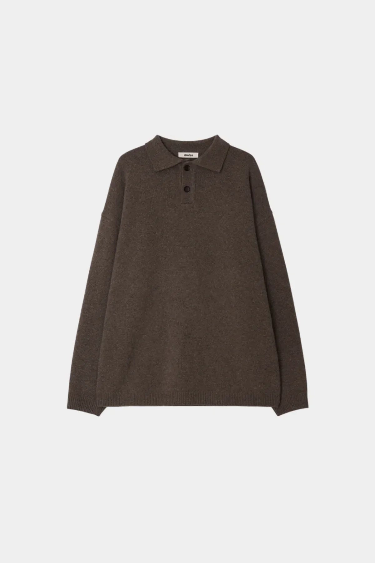 Brown unisex knit henley neck shirt with long sleeves and collar on white background