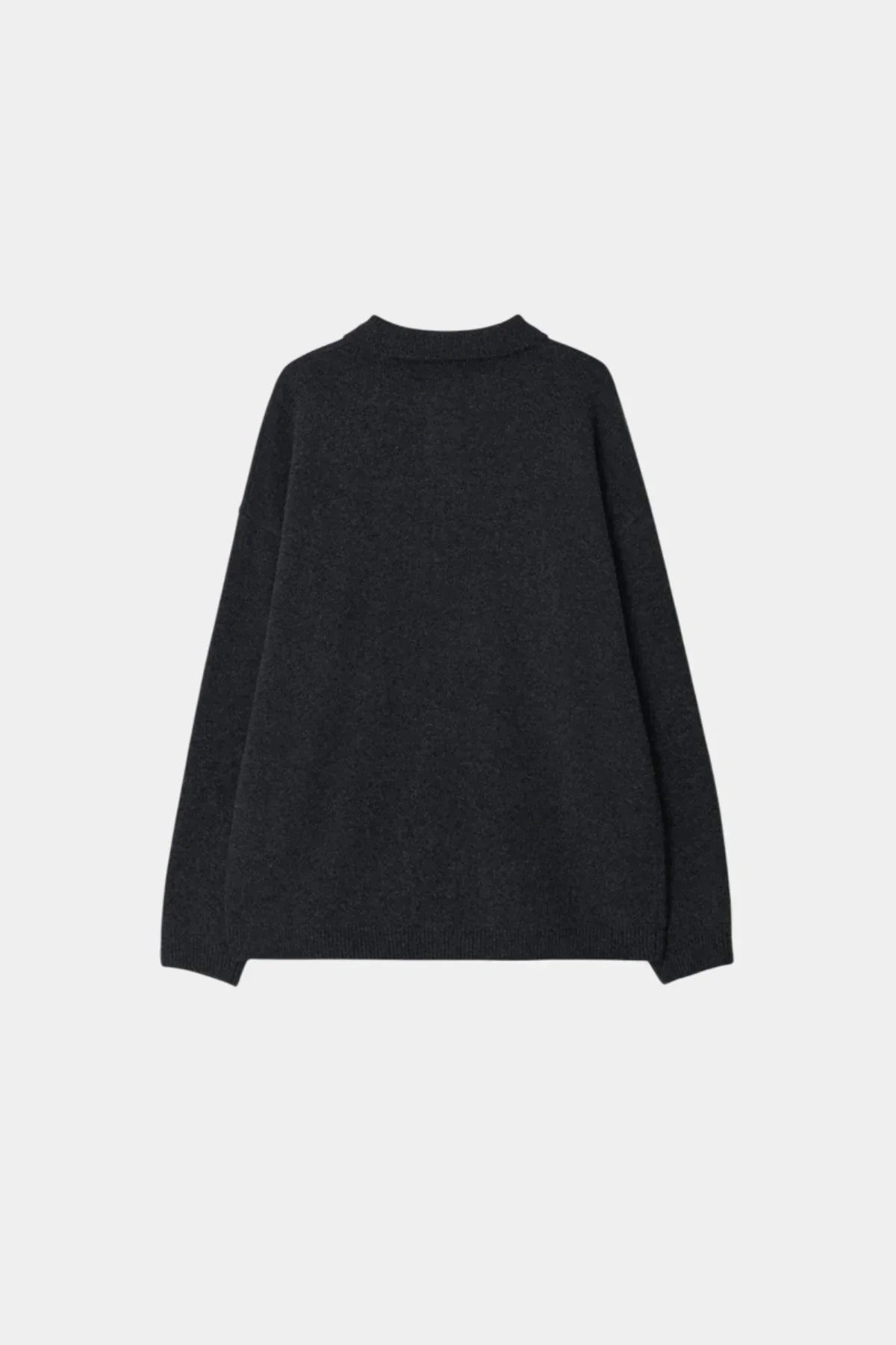 Back view of unisex charcoal knit Henley neck long-sleeve shirt on white background