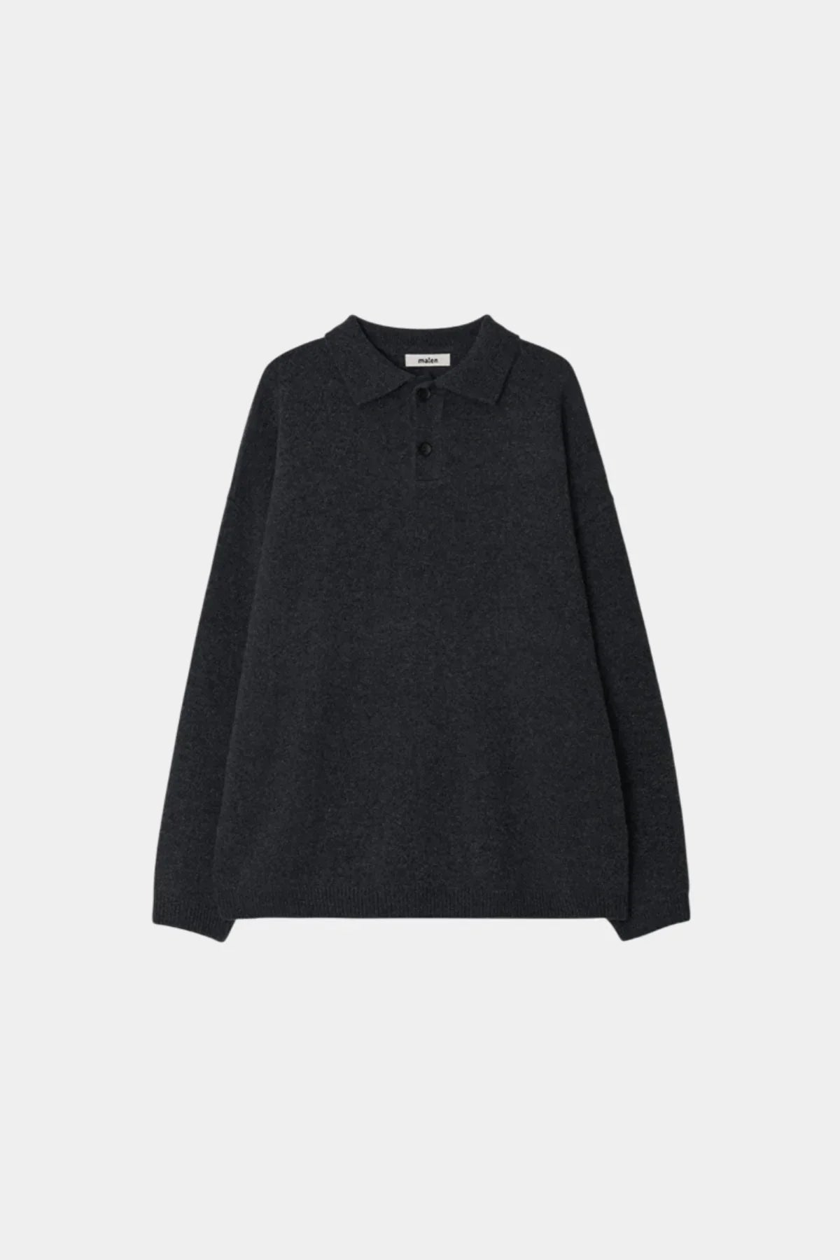 Charcoal unisex knit Henley neck shirt with collar and two buttons, long sleeves