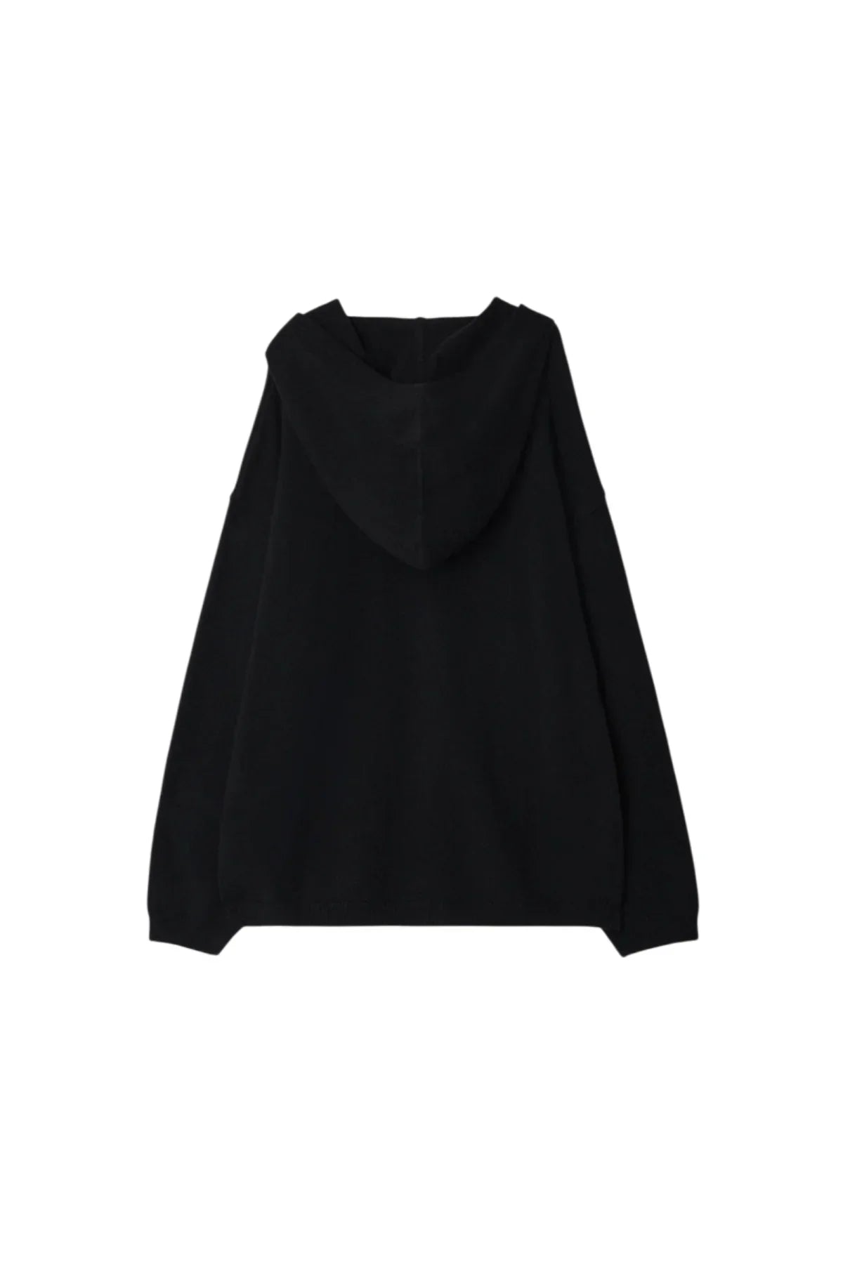 Back view of a black unisex knit hoodie with long sleeves and a relaxed fit