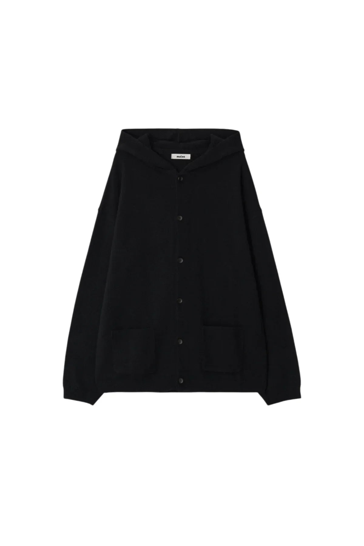 Unisex black knit hooded cardigan with button front and two front pockets