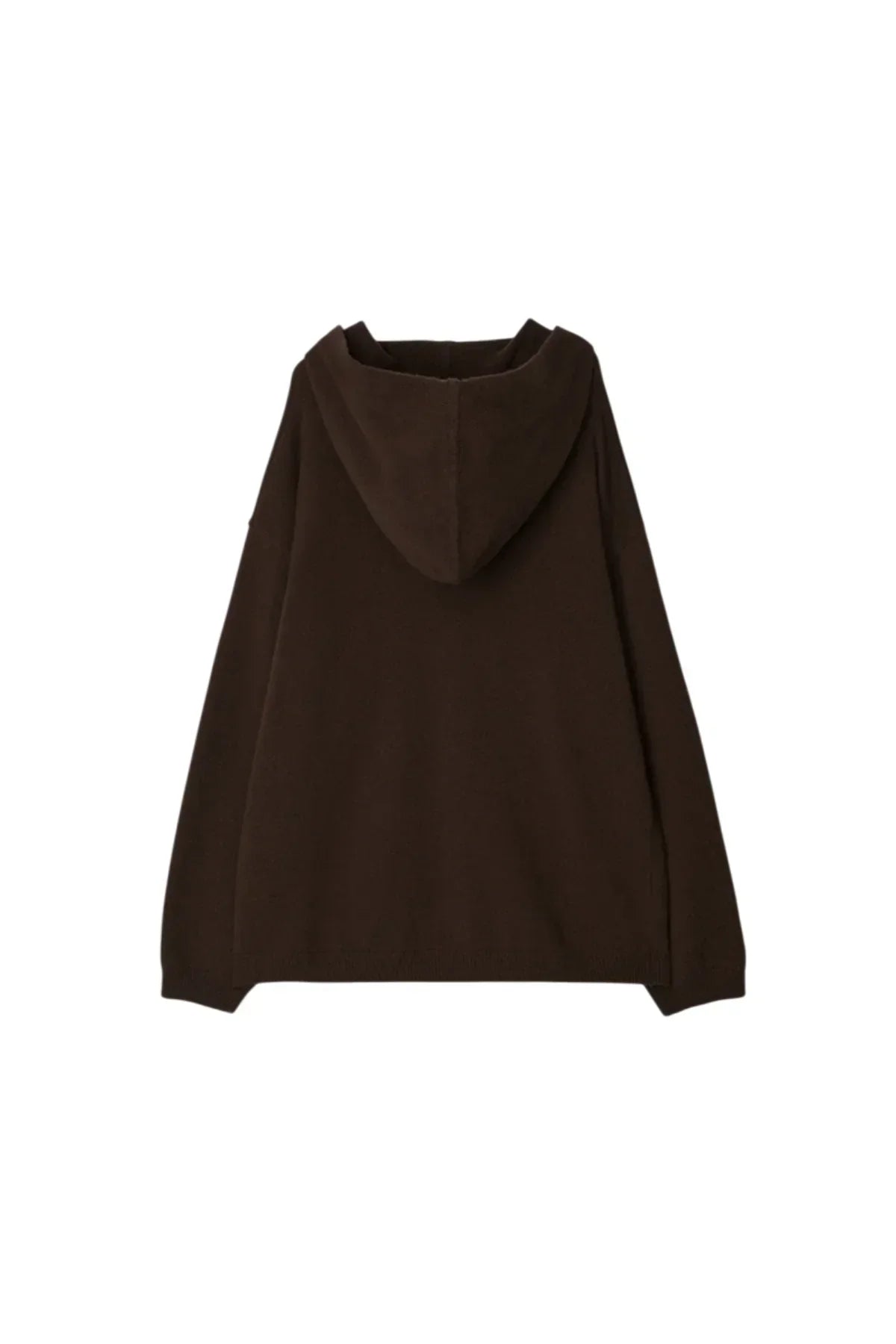Back view of a brown unisex knit hoodie with long sleeves on white background