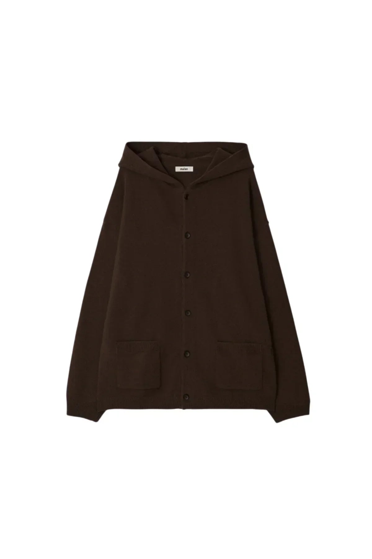 Brown unisex knit hooded cardigan with front buttons and two patch pockets