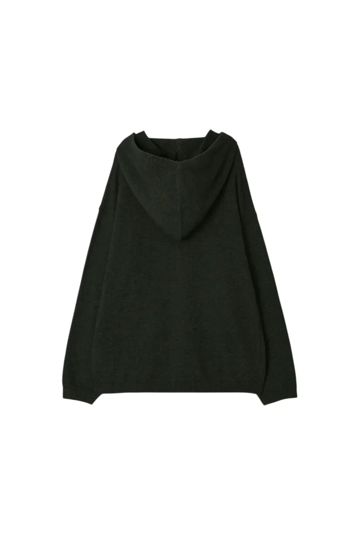 Back view of unisex dark khaki knit hoodie with long sleeves and relaxed fit on white background