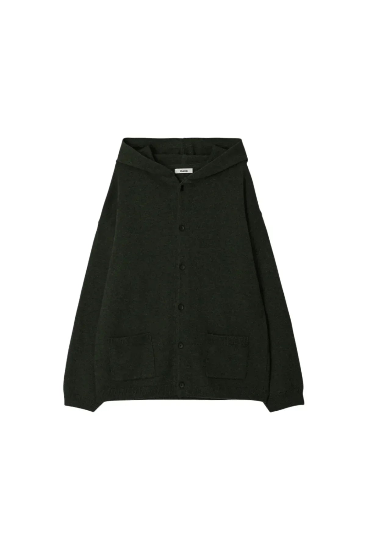 Dark green knit hooded cardigan with front buttons and two pockets, laid flat on white background