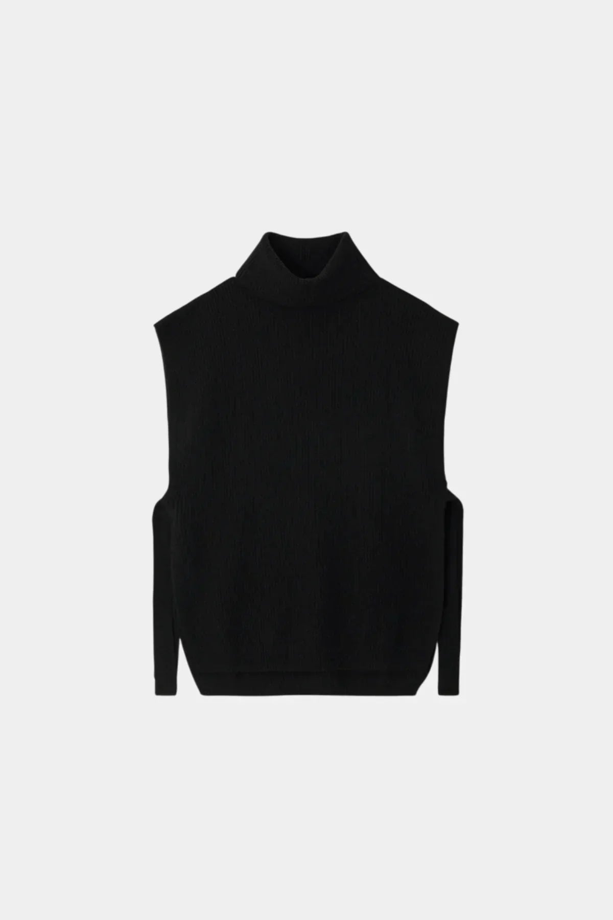 Black unisex knit sleeveless turtleneck vest with side ties on white background
