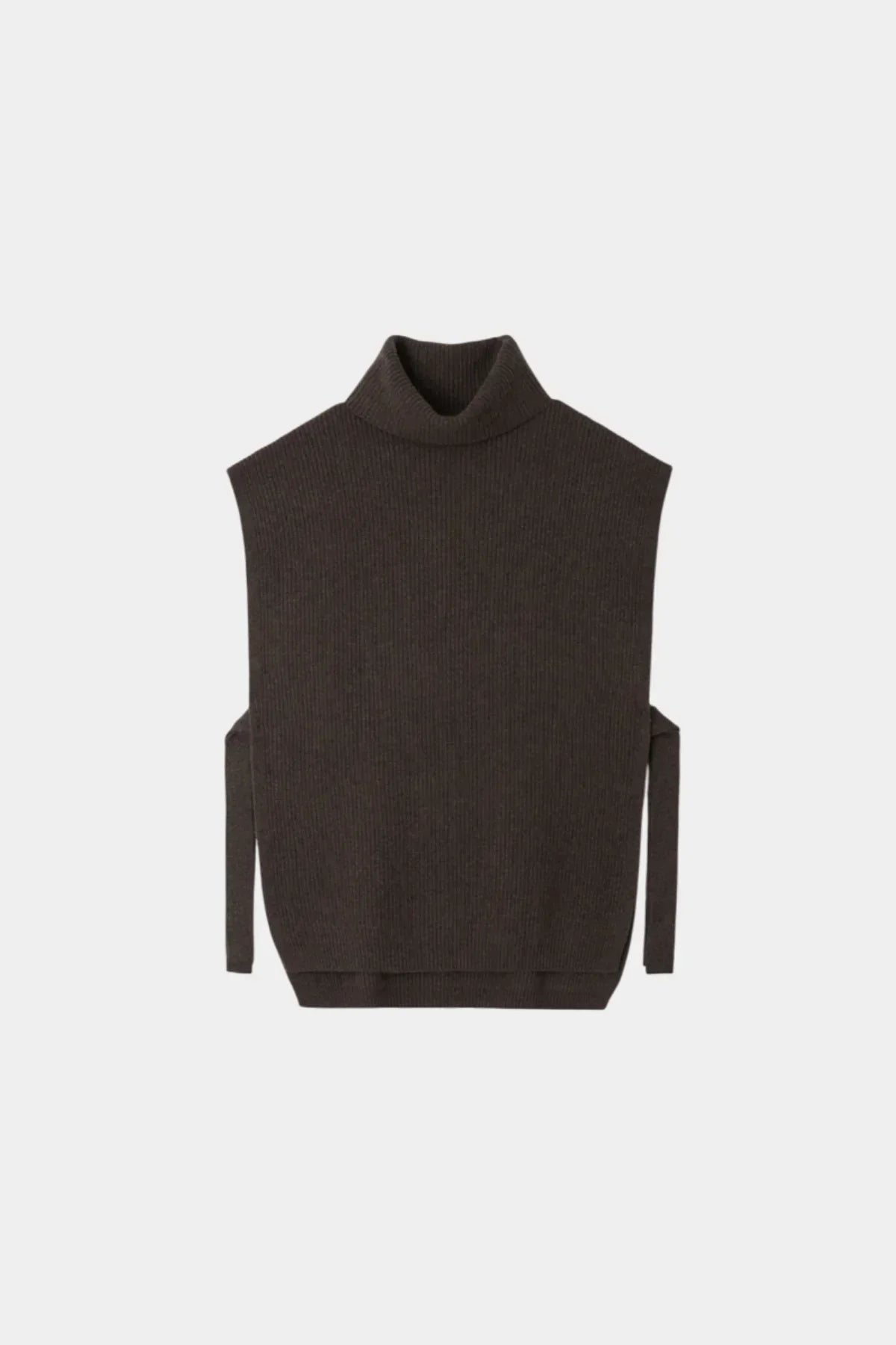 Unisex brown knit sleeveless turtleneck vest with side ties on plain background