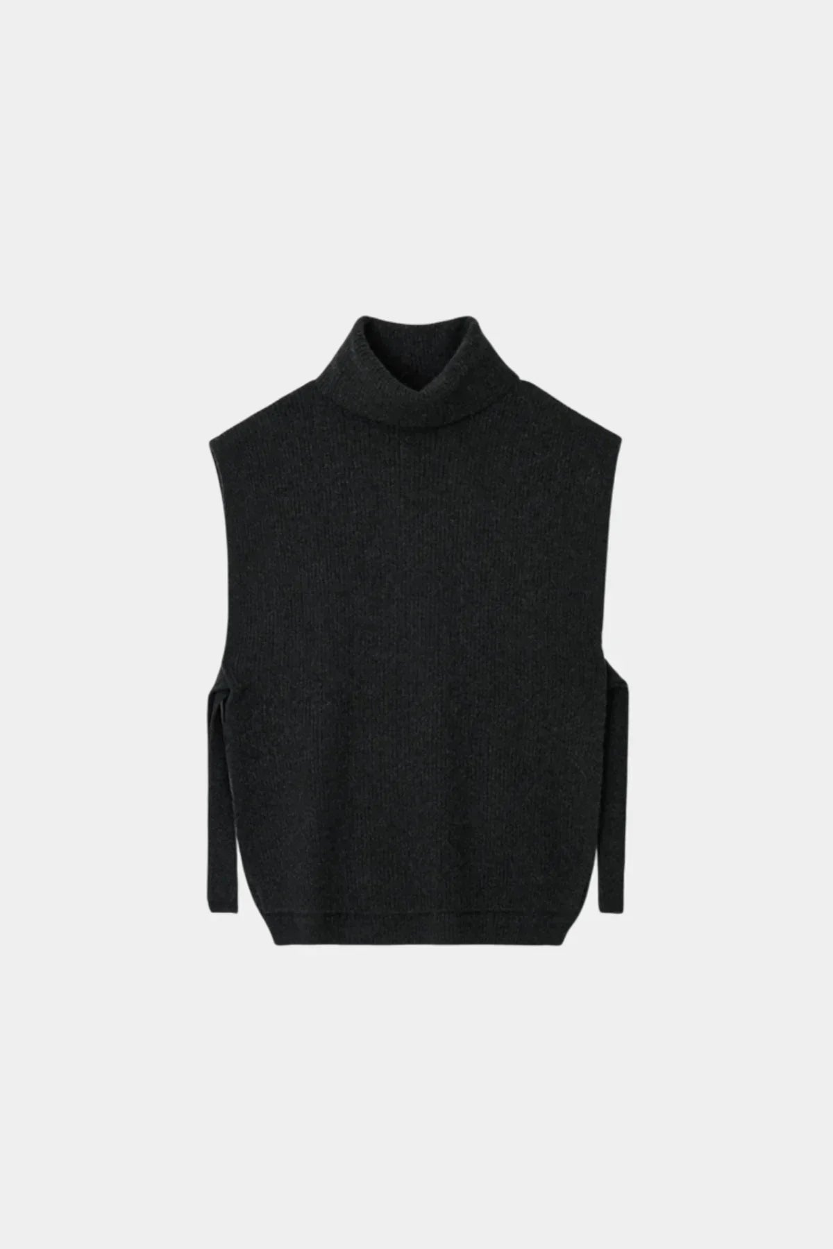 Charcoal unisex knit turtleneck vest with sleeveless design and side ties