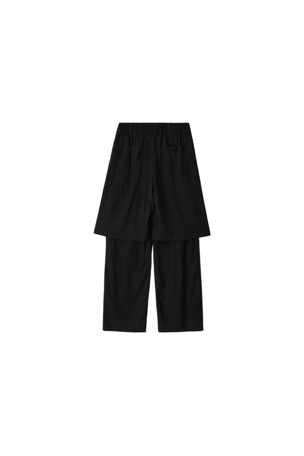 Black unisex see-through layered wide-leg pants with elastic waistband, back view on white background