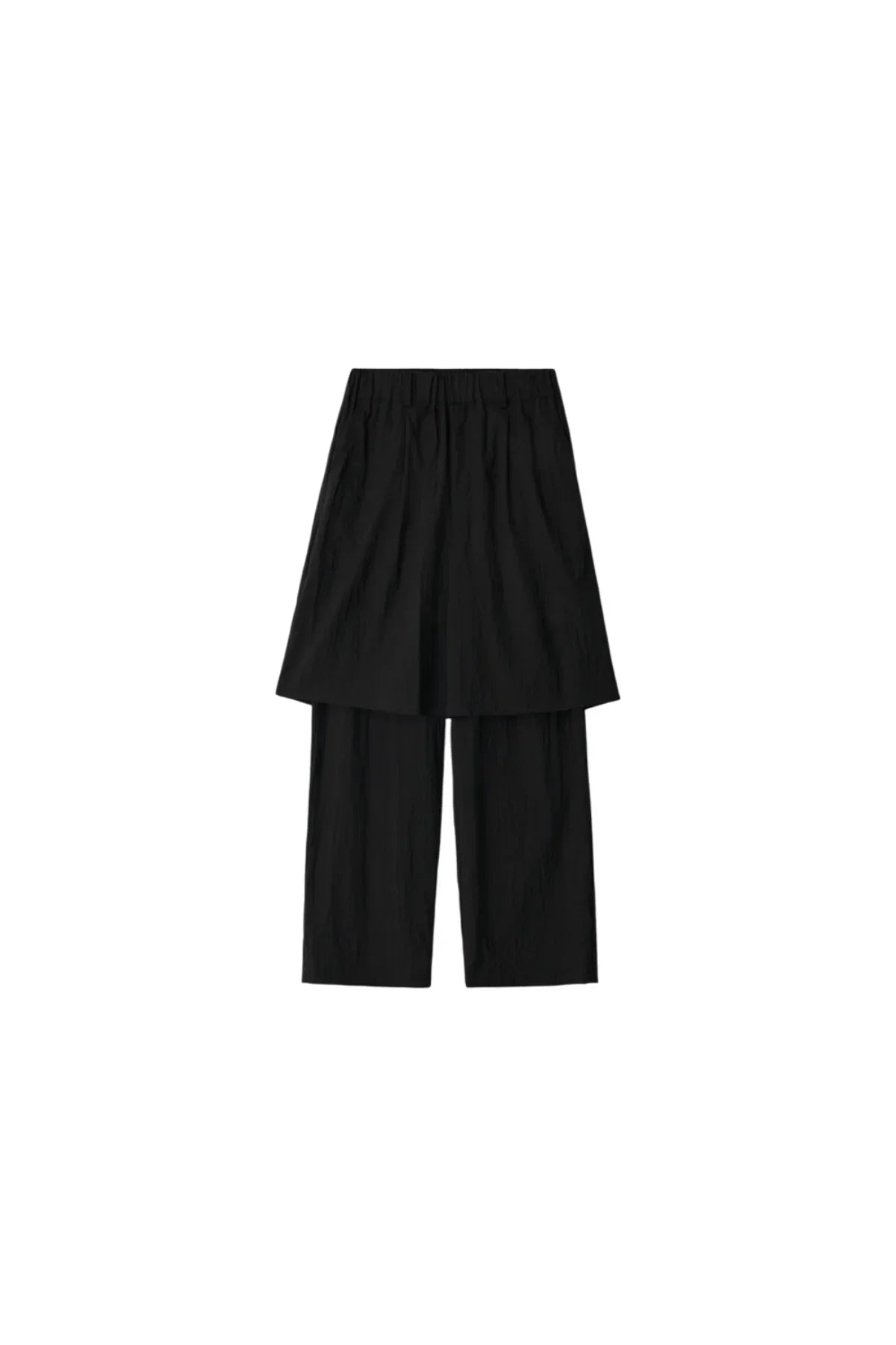 Unisex black layered pants with wide legs and elastic waistband on white background