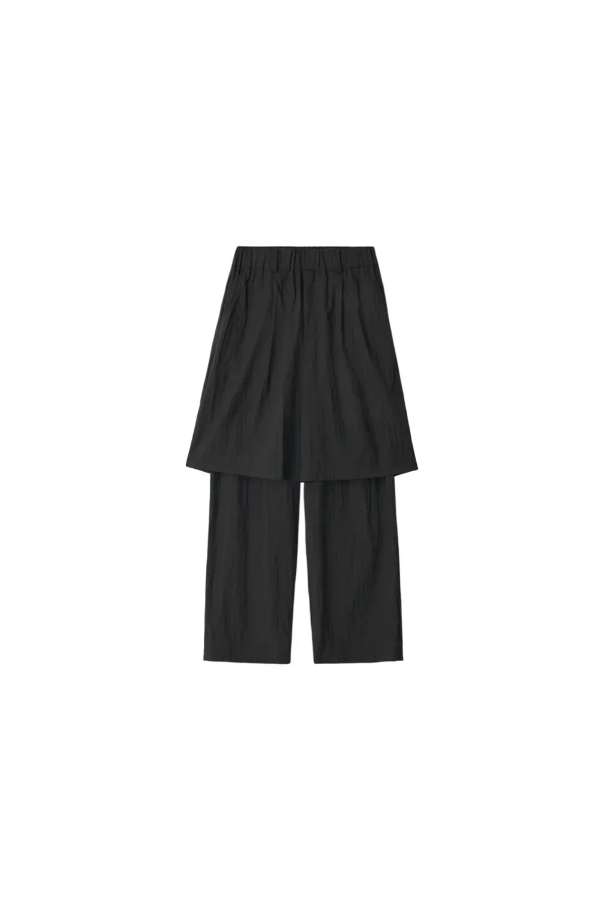 Black unisex layered pants with elastic waistband on white background