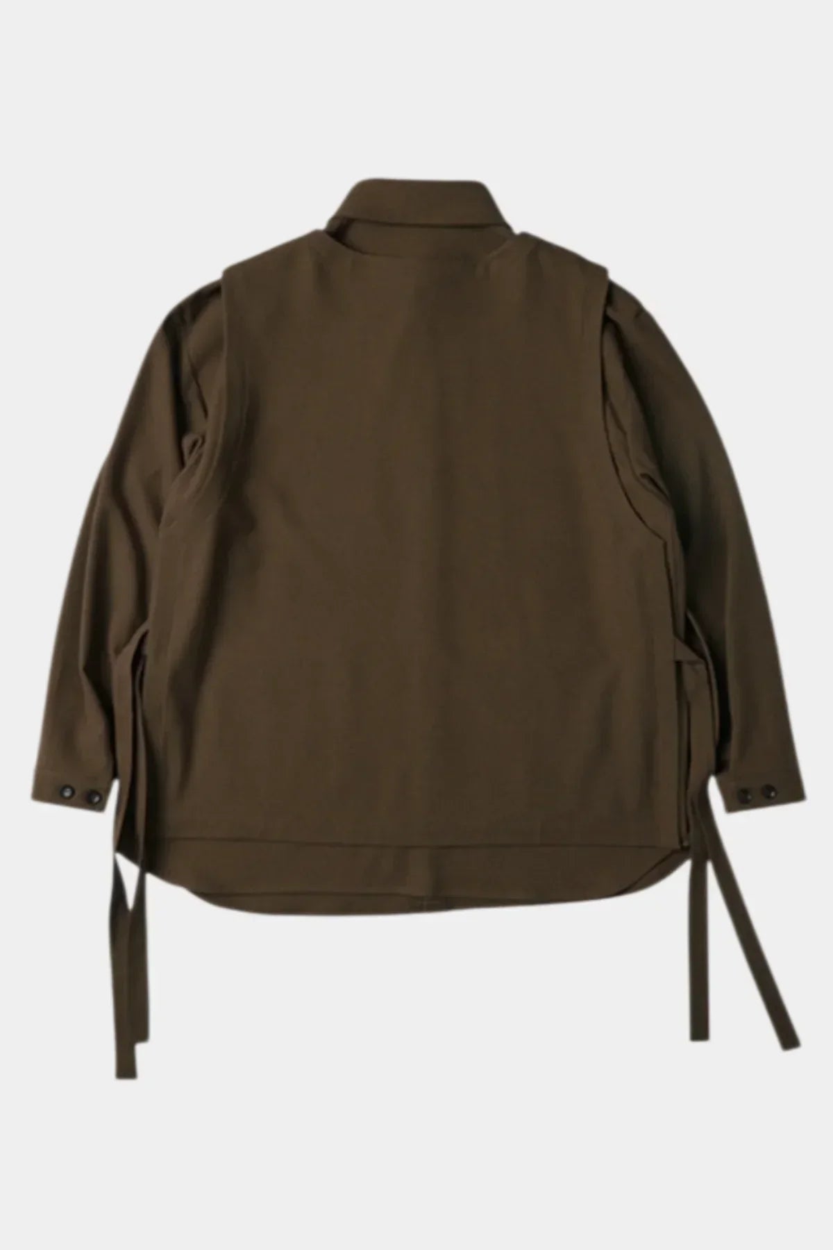 Back view of a brown unisex shirt vest with long sleeves and side straps on white background