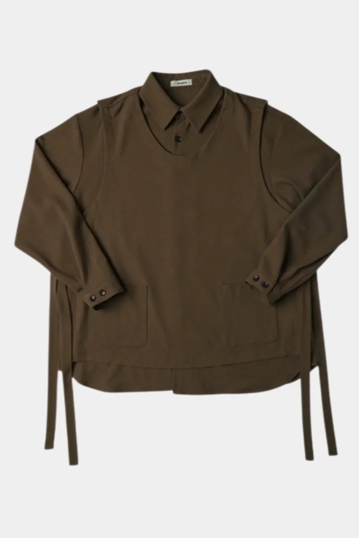 Brown long-sleeve shirt with an attached vest, buttoned cuffs, and side ties on white background