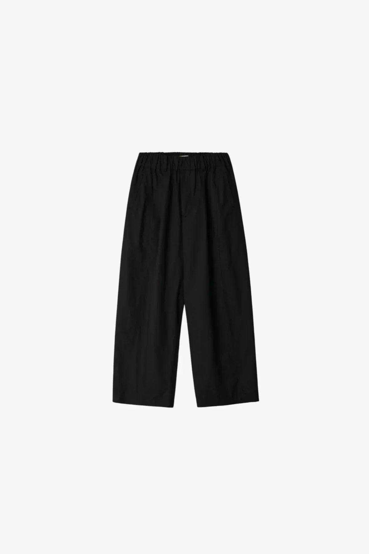 Unisex black wide-leg pants with elastic waistband on white background