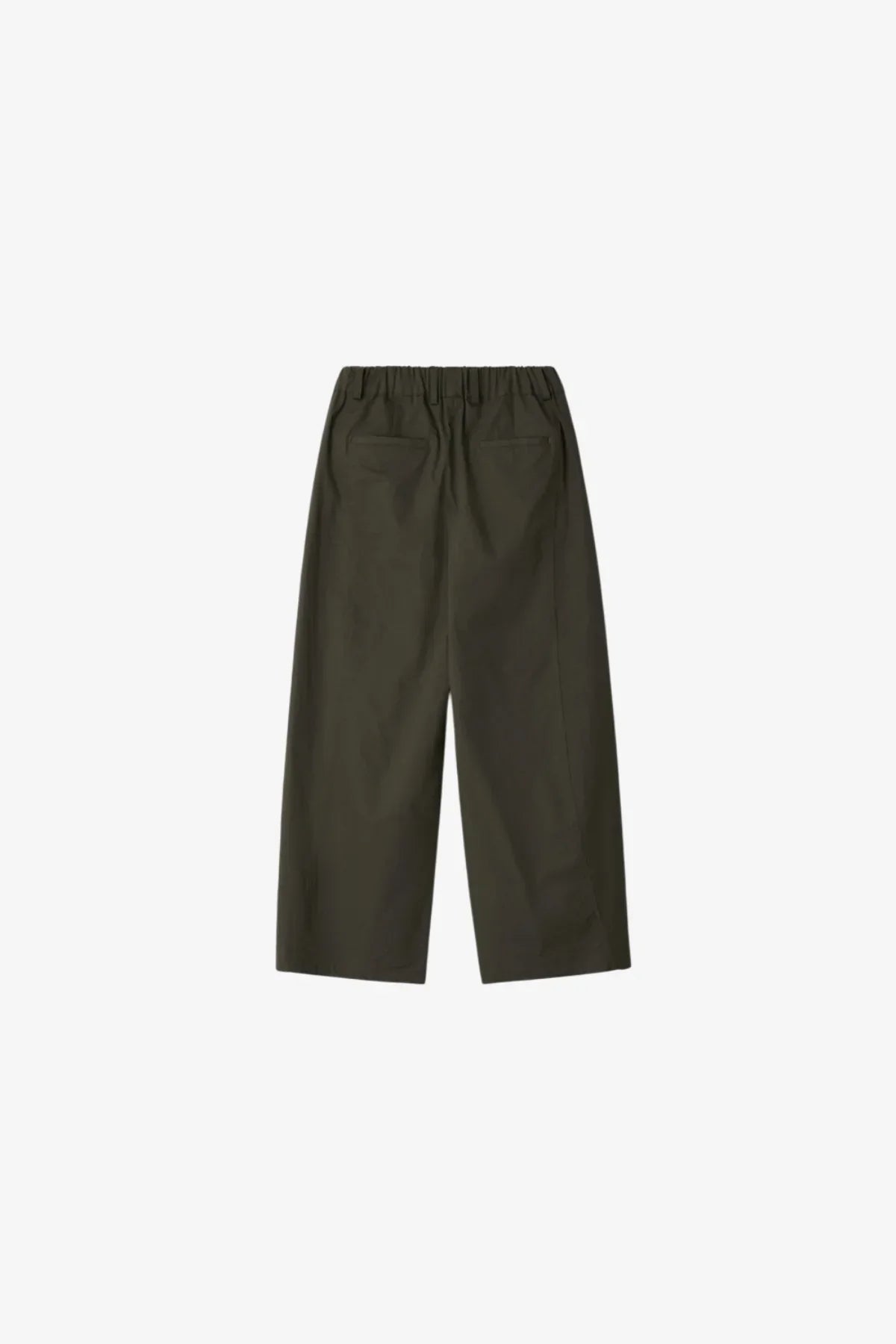 Back view of unisex khaki wide-leg pants with elastic waistband and two rear pockets on white background
