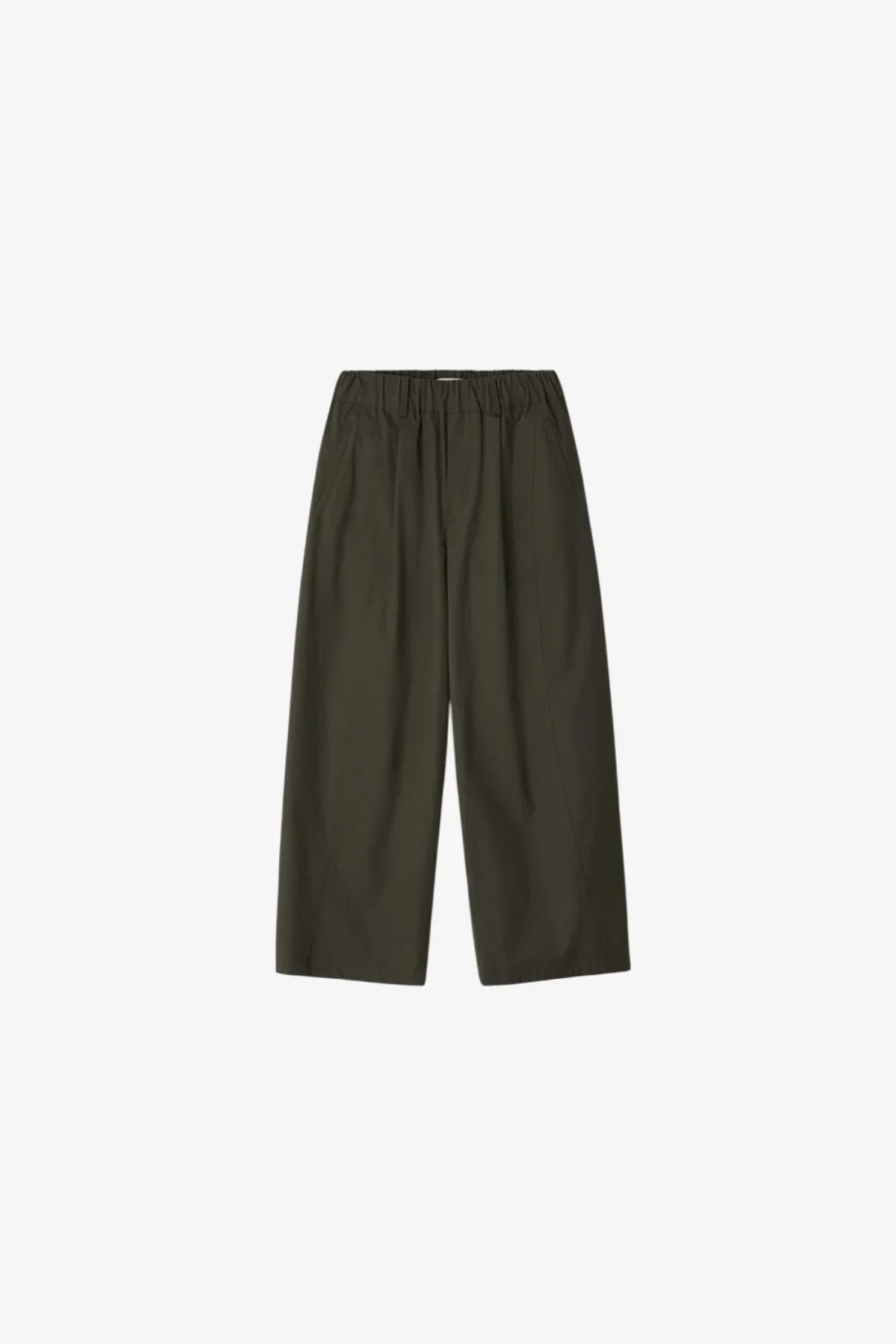 Unisex khaki wide-leg cropped pants with elastic waistband on white background