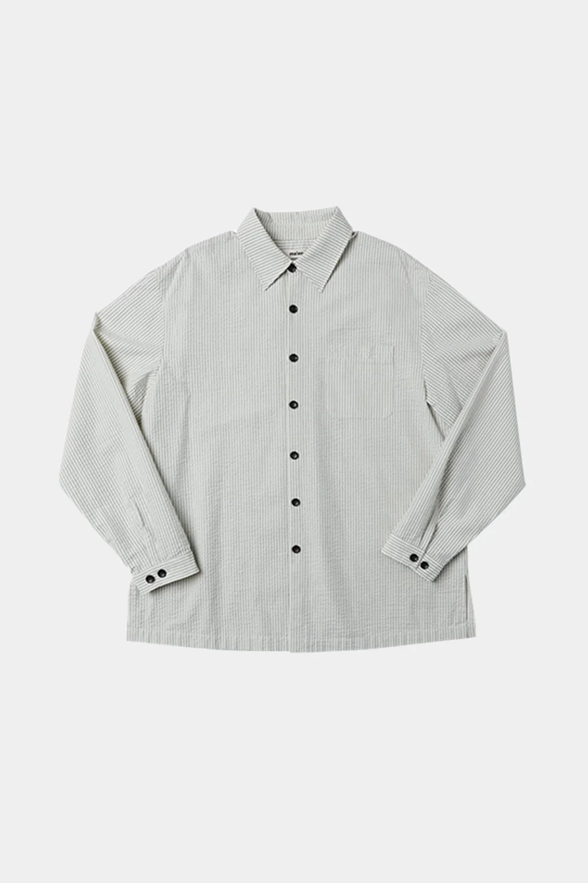 unisex long sleeve button-up shirt with subtle thin vertical stripes and black buttons