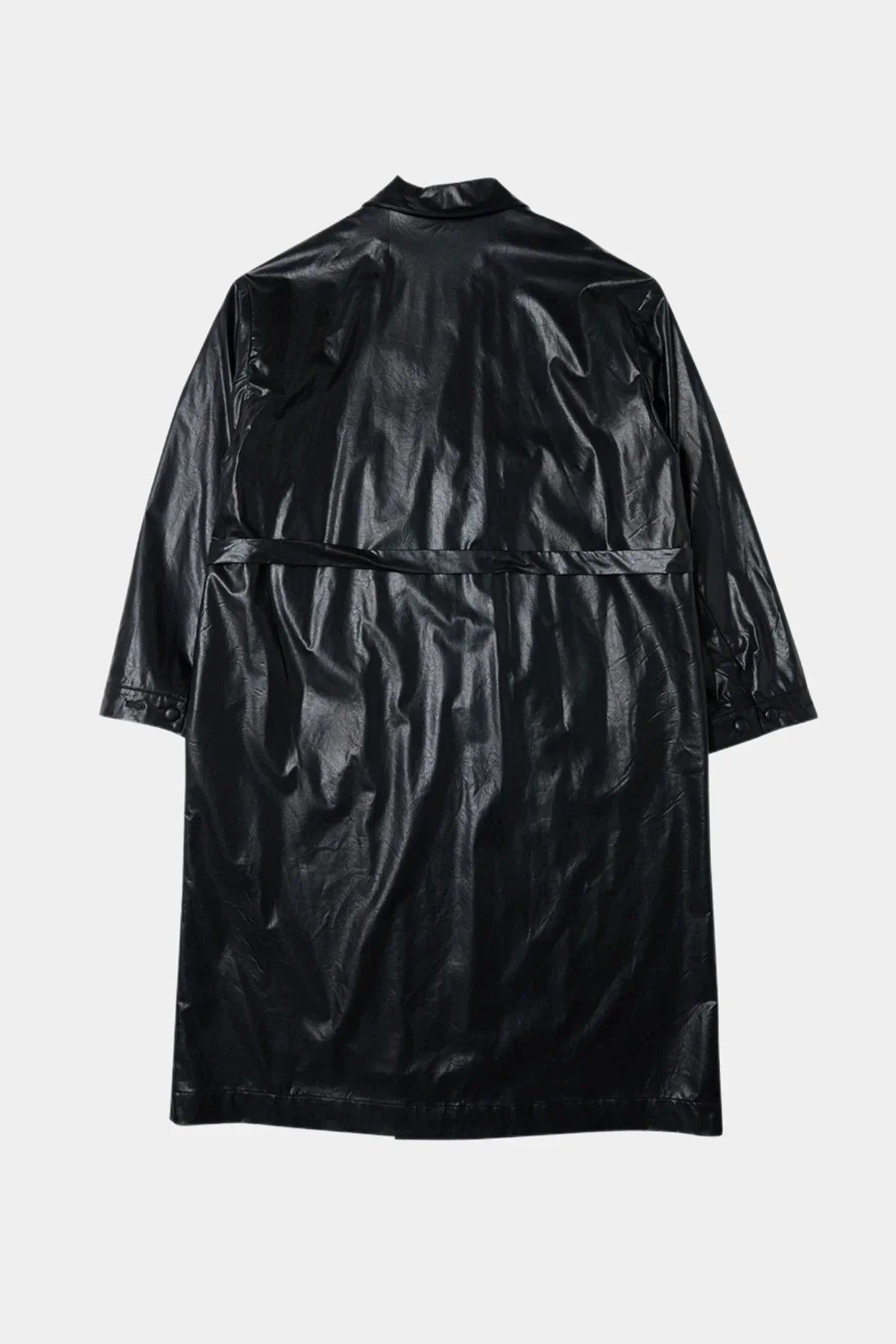 Back view of unisex black leather trench coat with belt and long sleeves on white background