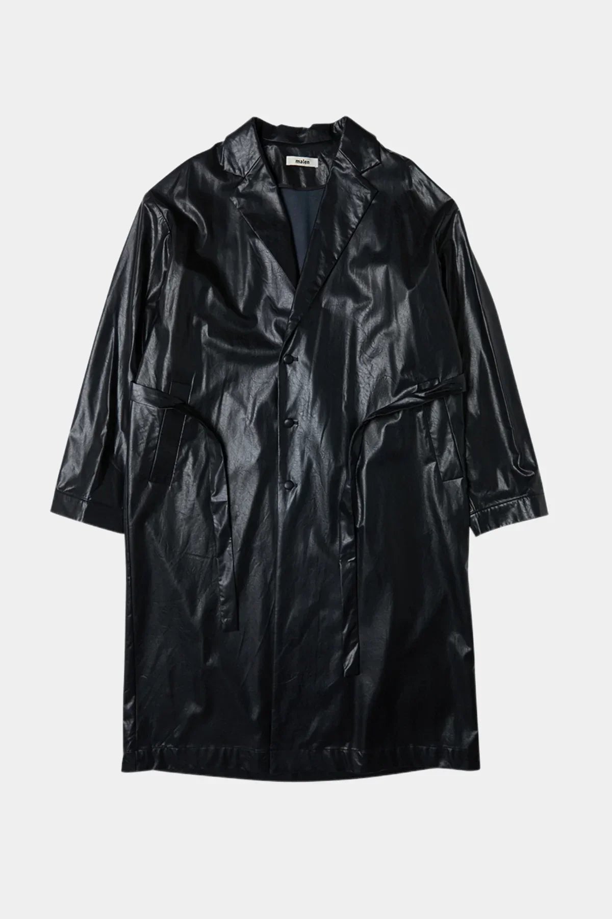 Black unisex leather trench coat with lapel collar and front buttons on white background