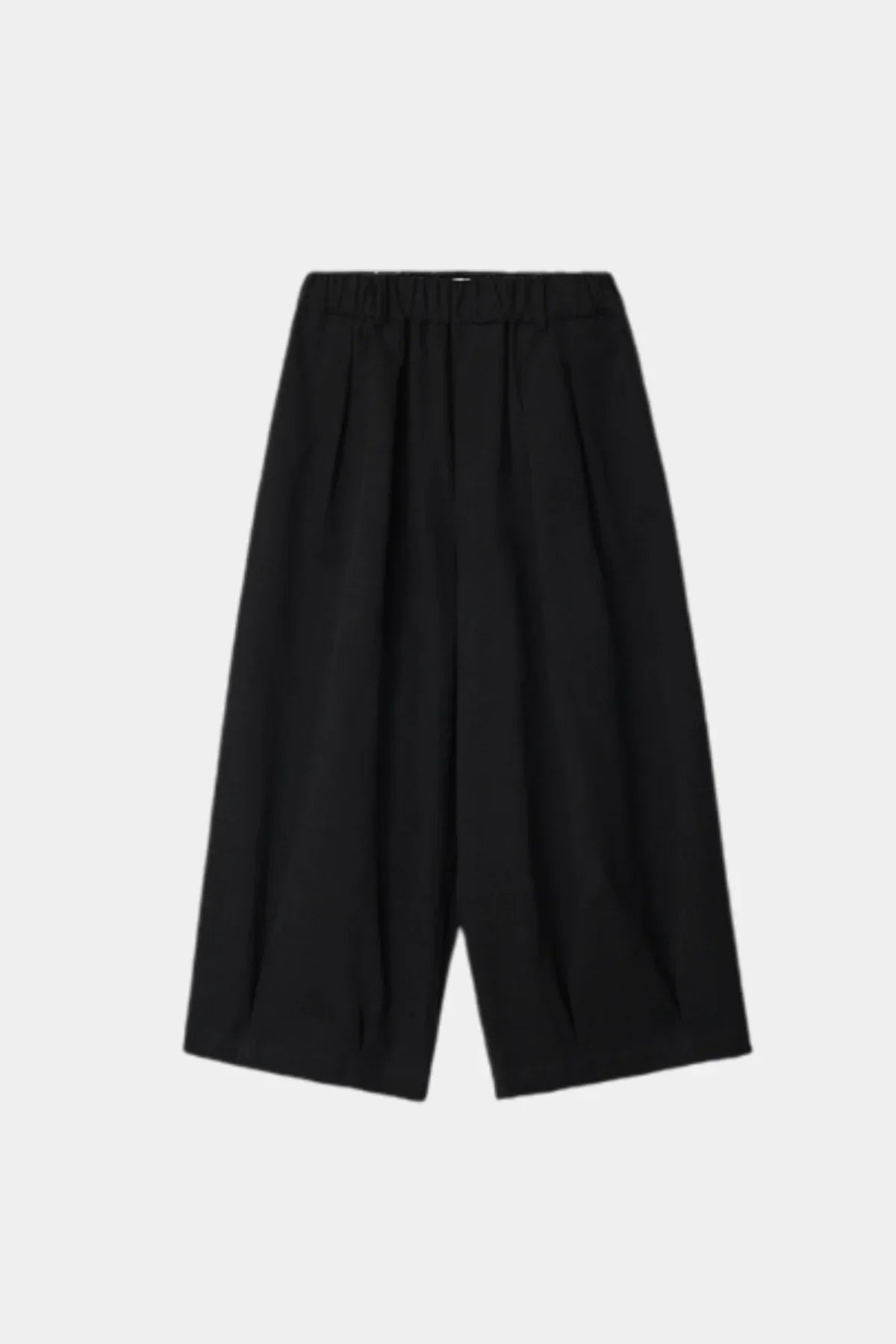 Black unisex tuck balloon pants with elastic waistband on white background
