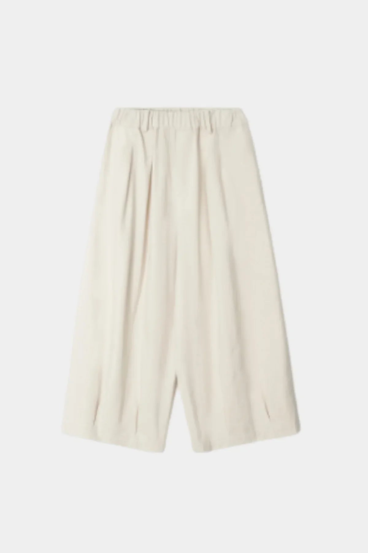Unisex cream-colored tuck balloon pants with elastic waistband on white background