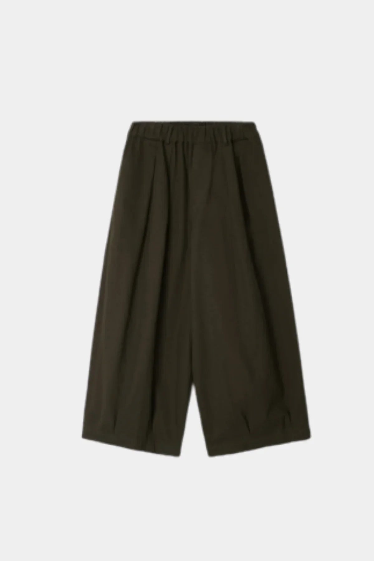 Unisex khaki tuck balloon pants with elastic waistband on white background