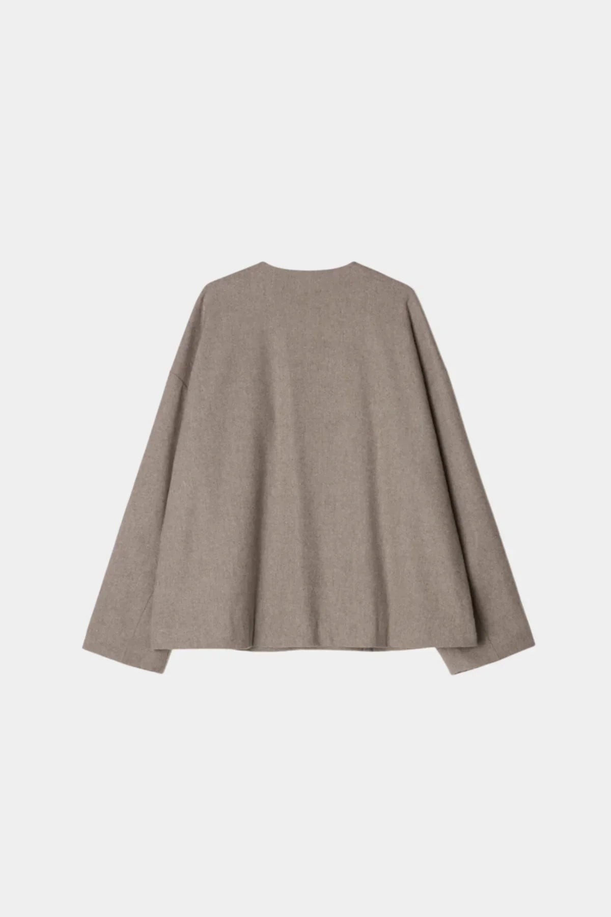 Back view of beige unisex wool loop jacket with long sleeves on white background