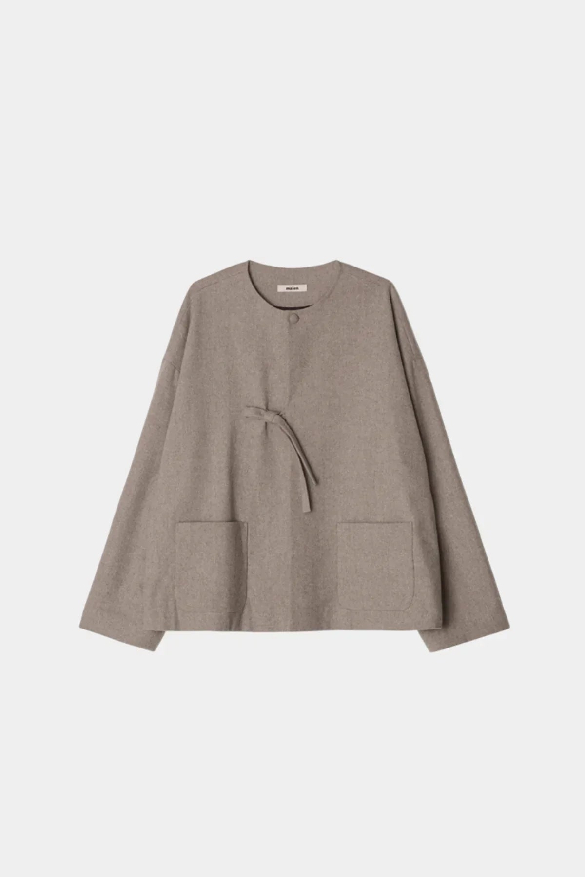 Beige unisex wool loop jacket with round neckline, long sleeves, front pockets, and tie closure