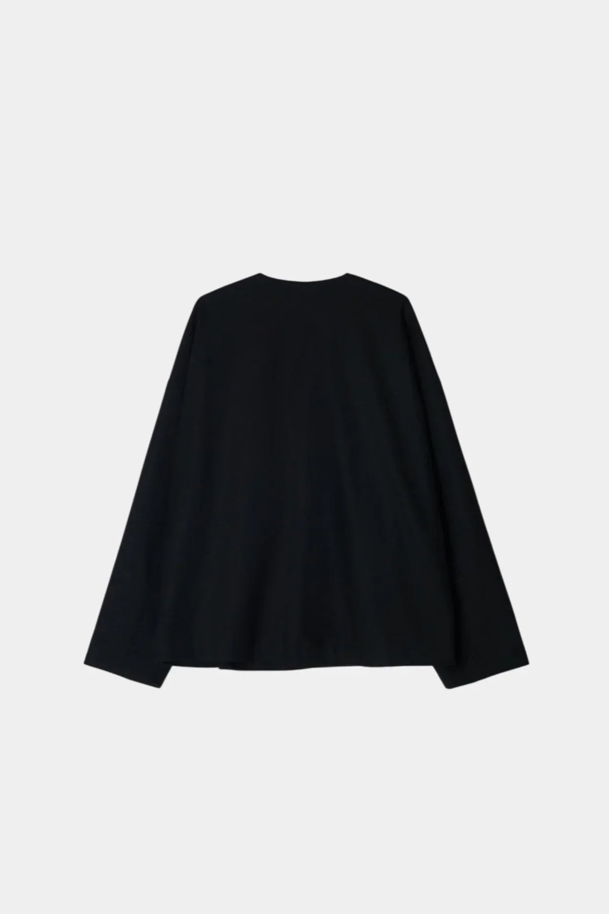 Back view of a black unisex wool loop jacket with long sleeves on a plain white background