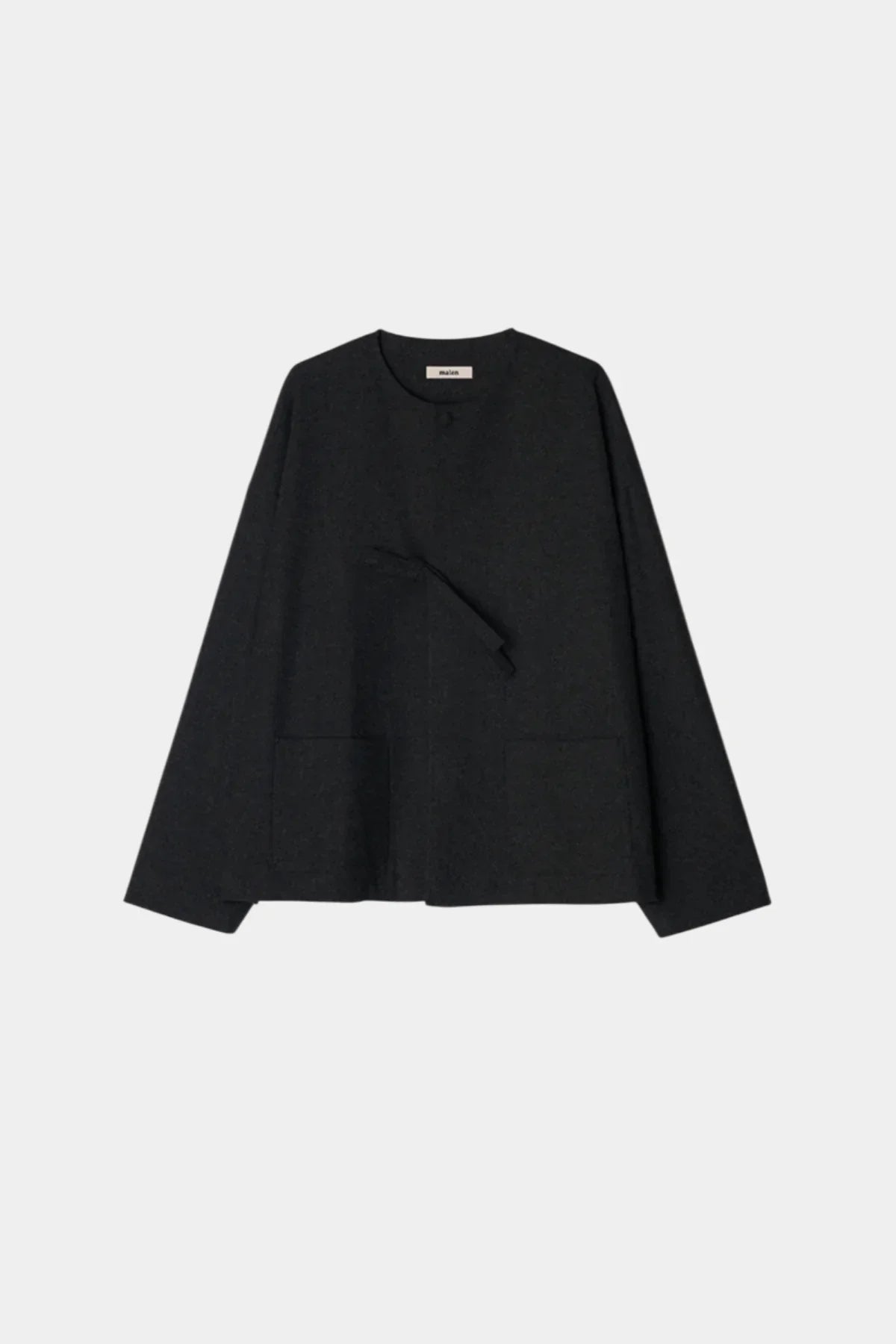 Charcoal unisex wool loop jacket with round neckline and front patch pockets on white background