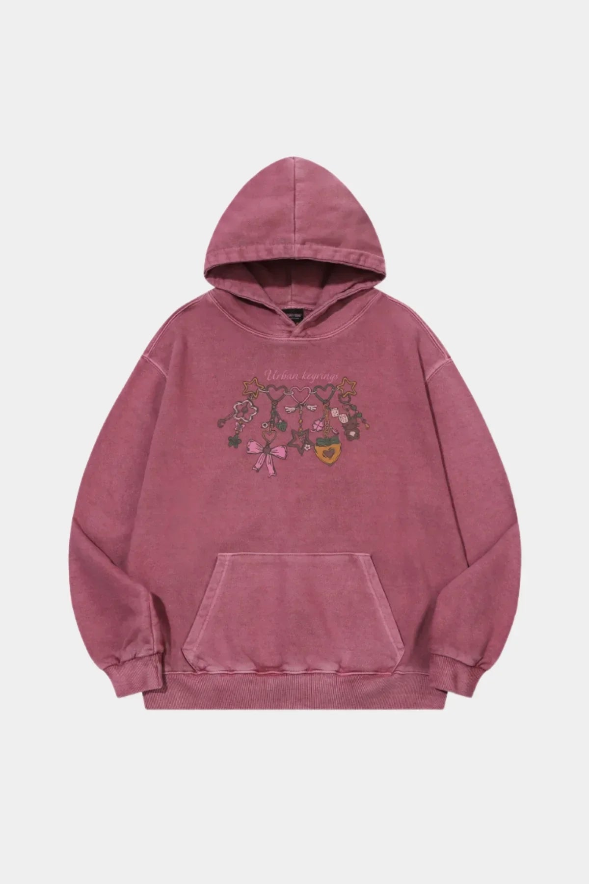 Dusty pink hooded sweatshirt with keyring charm graphic and front pocket