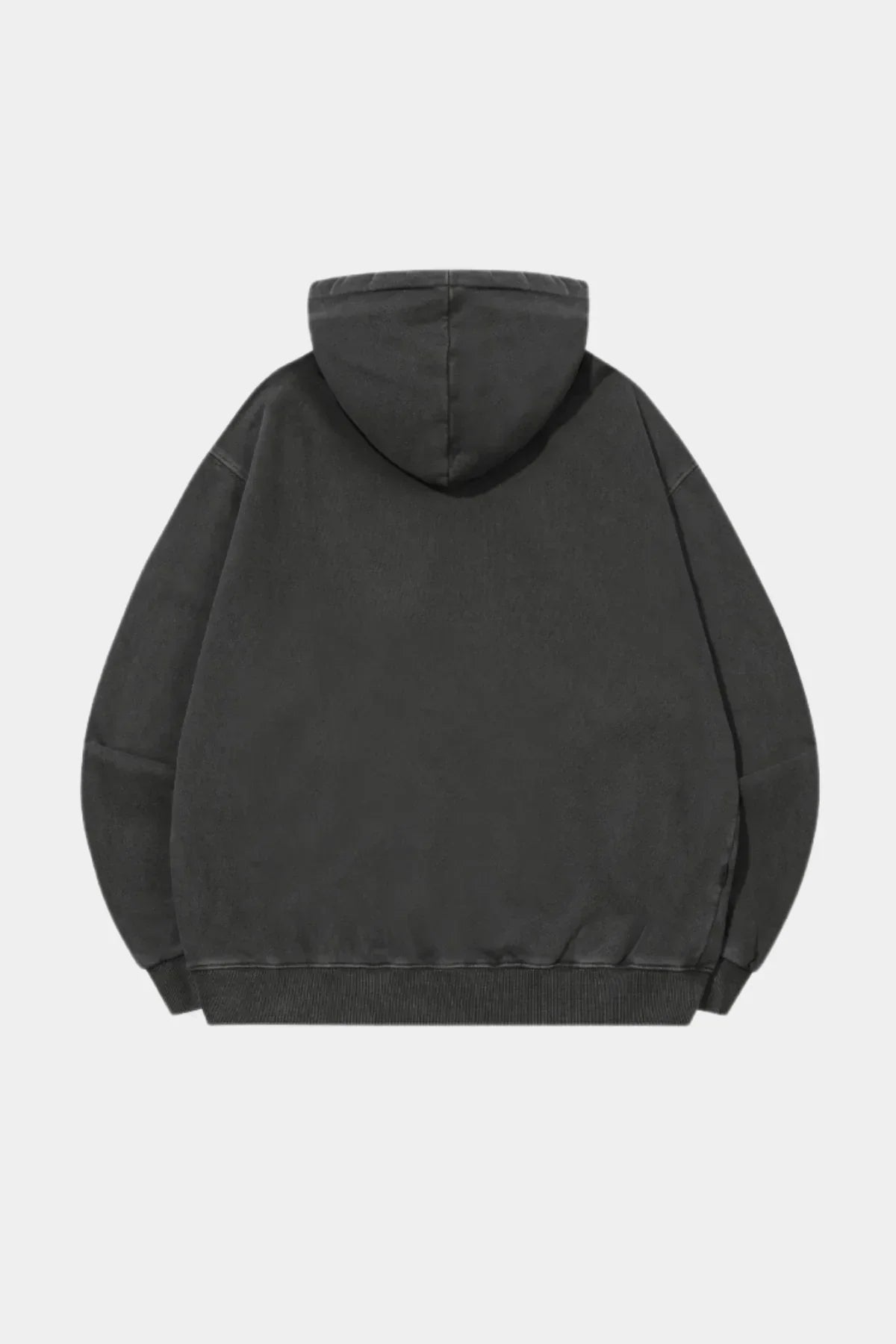 Back view of a smoke black pigment washed hoodie with hood and ribbed cuffs on plain background
