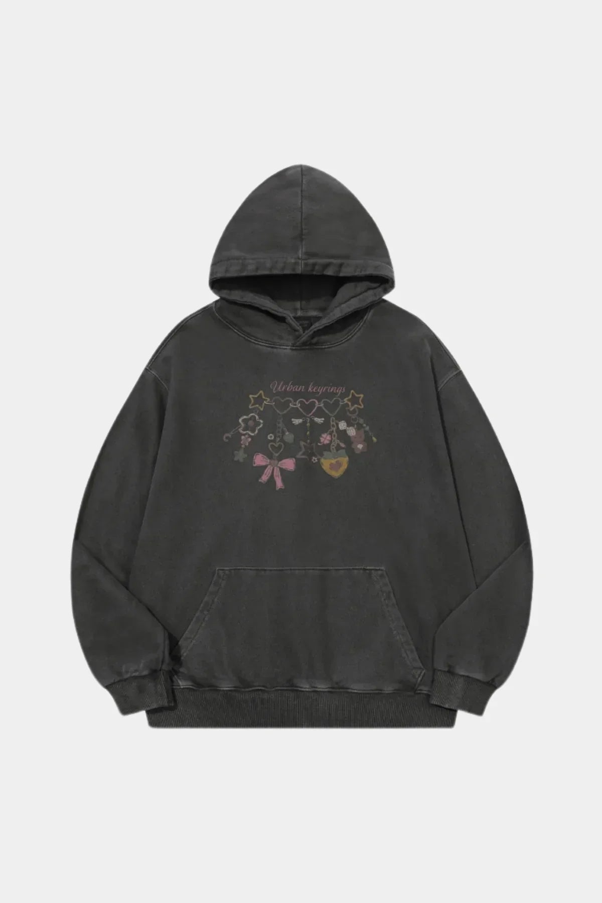 Smoke black pigment hoodie with Urban keyrings graphic and front kangaroo pocket